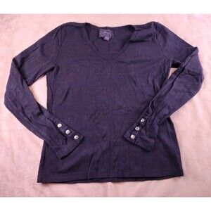 Lauren Ralph Lauren S black Cotton Knit V-Neck Button Accent Long Sleeve Top